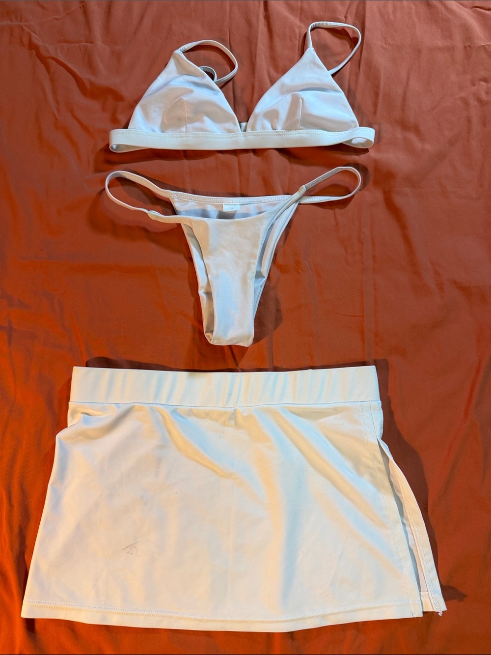 SHEIN White Triangle Bikini Top, Thong Bottom & Skirt Cover-Up Set